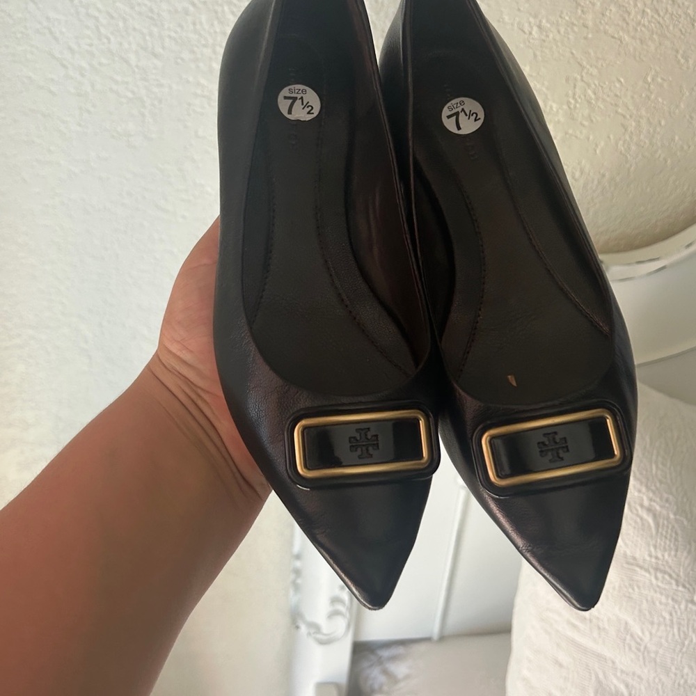 Black Pointed Toe Women's Flats with Gold Accent